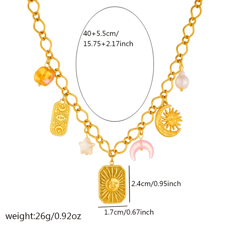 Golden Stainless Steel Necklace with Sun Square & Moon Decorative Design